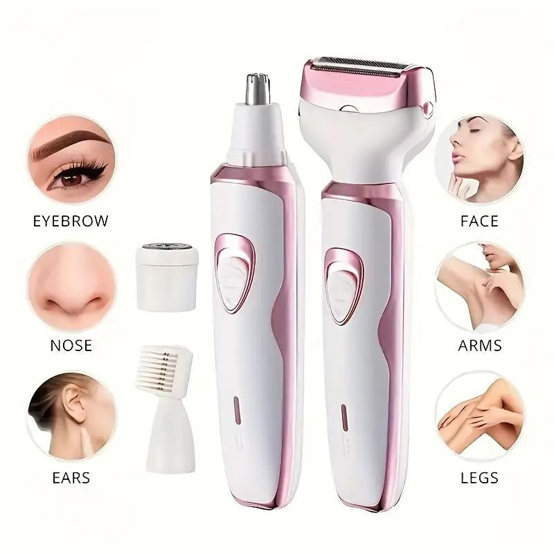 4 in 1 Electric Shaver, 1 Set Portable Hair Removal Machine, Cordless Hair Trimmer for Women, Men, Girls - Wet/Dry Use with Detachable Head