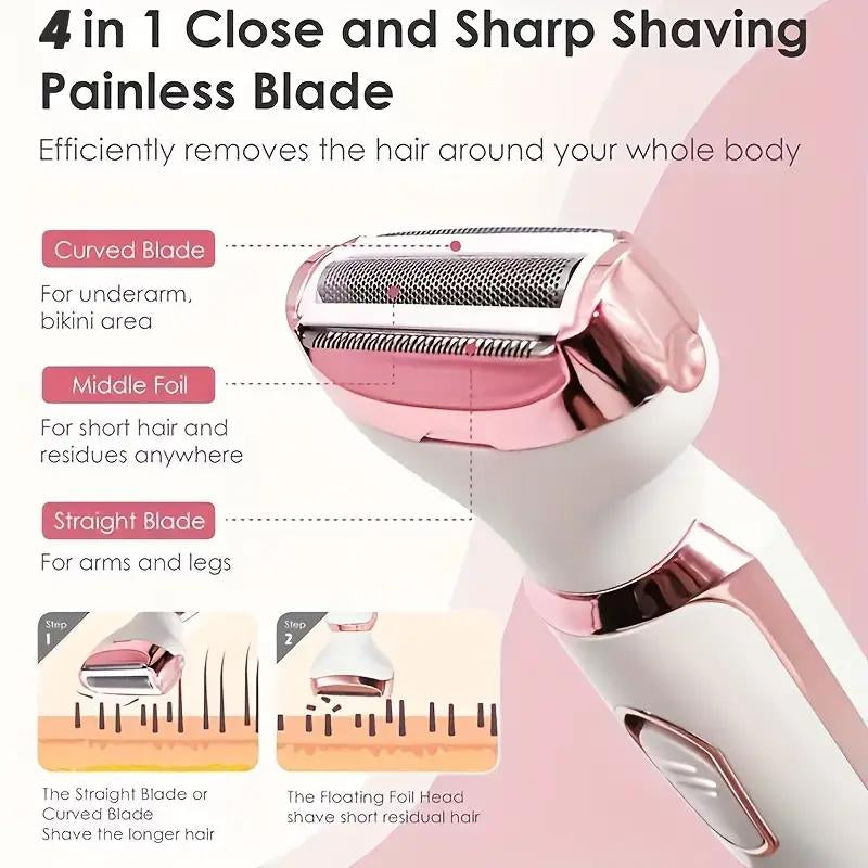 4 in 1 Electric Shaver, 1 Set Portable Hair Removal Machine, Cordless Hair Trimmer for Women, Men, Girls - Wet/Dry Use with Detachable Head
