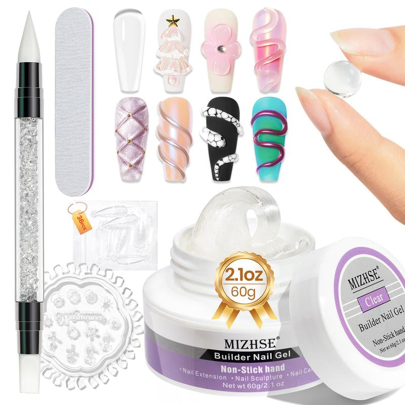 MIZHSE Solid Builder Gel for Nails, 60G Large Capacity Clear Hard Gel for Nails 3D Sculpting Gel Non-Sticky Hand Carving Gel U V/LED Nail Extension Gel with 3D Silicone Mold Nail Art Salon Home DIY