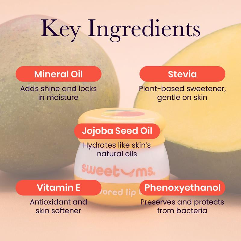 Sweetums Mango Flavored Lip Balm - Smooth and Refreshing Hydrating Formula with Built-In Mirror & Applicator, Vegan & Cruelty-Free - Skincare