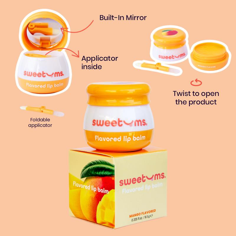 Sweetums Mango Flavored Lip Balm - Smooth and Refreshing Hydrating Formula with Built-In Mirror & Applicator, Vegan & Cruelty-Free - Skincare